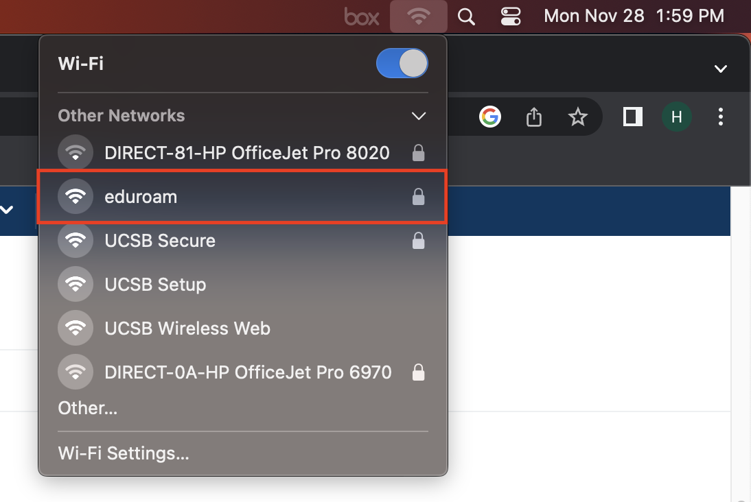 Click "eduroam" in the WiFi tab at the top.