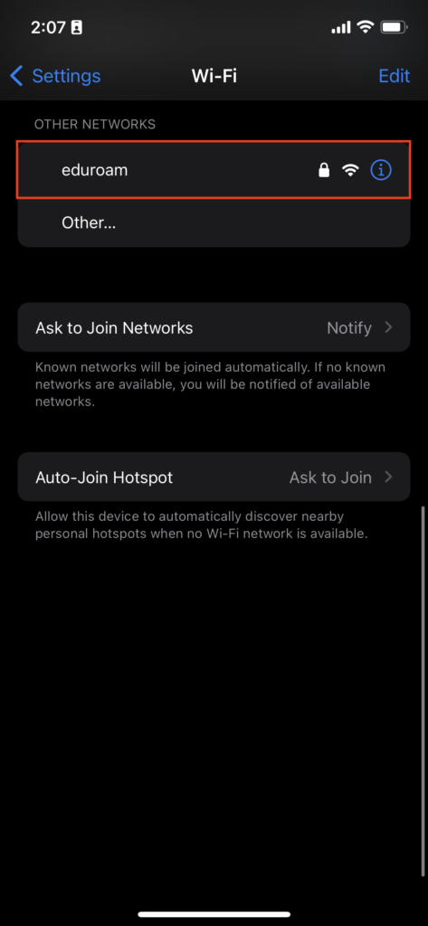 Click the "eduroam" network.