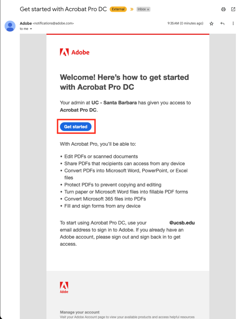 Example email from Adobe with the Get started button highlighted.