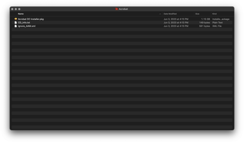 Screenshot showing location of Acrobat DC Installer.pkg
