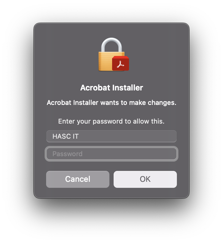 Screenshot of Mac OS password prompt for installer.