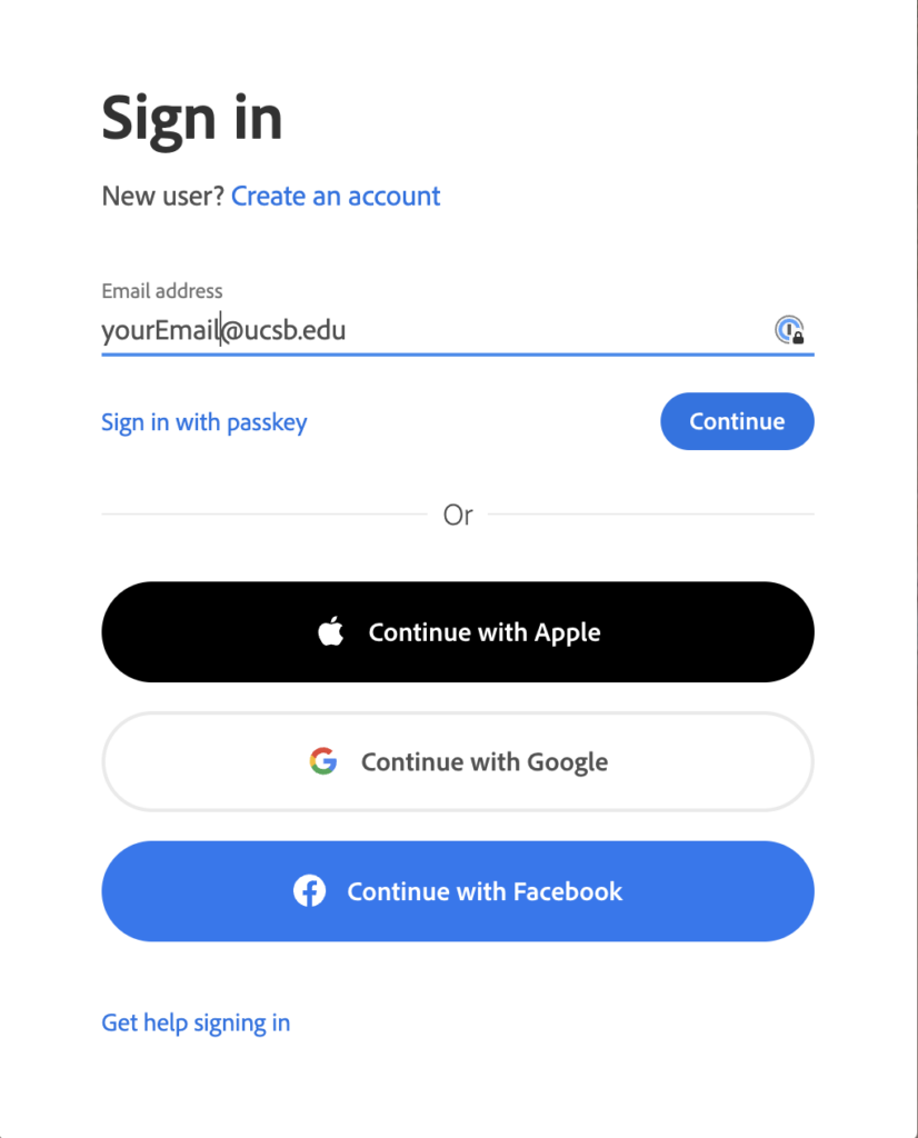 Adobe account sign in with an example UCSB email address.
