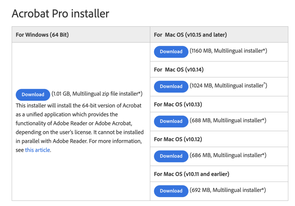 Screenshot of the Acrobat Pro installer versions.