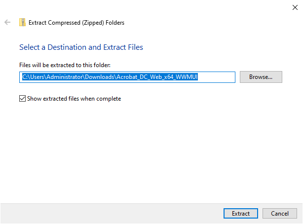 Screenshot of Windows extract compressed (zipped) prompt