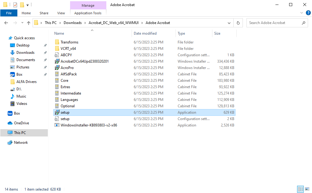 Screenshot of the contents of the extracted Acrobat_DC_Web_x64_WWMUI zipped folder with the setup (Application type) file highlighed