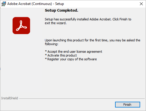 Screenshot of Adobe Acrobat installer Setup completed prompt