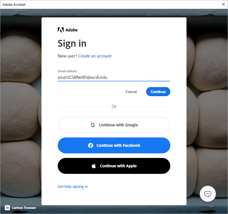 Screenshot of Adobe sign in window