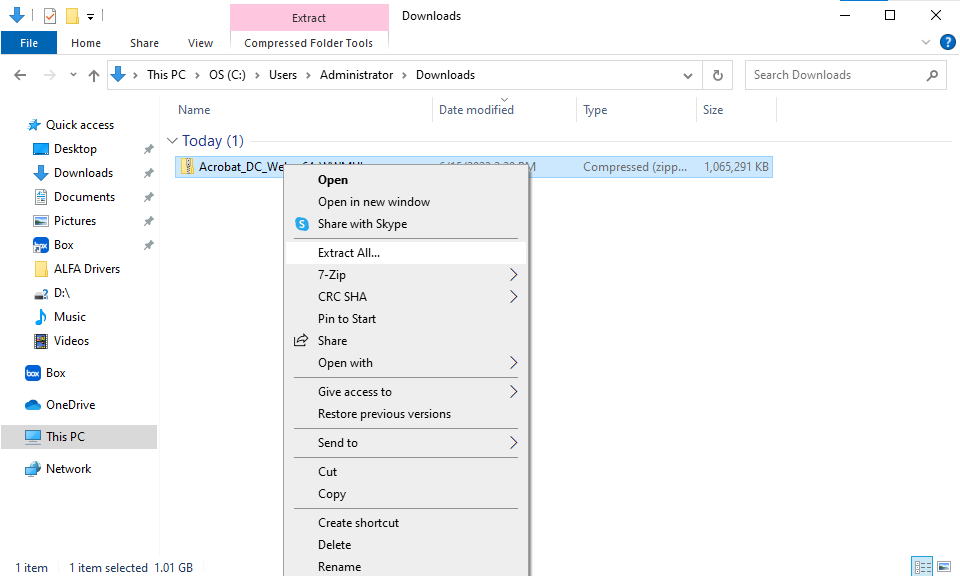 Screenshot of Windows file explorer showing right-click menu for the Acrobat_DC_Web_x64_WWMUI zipped folder