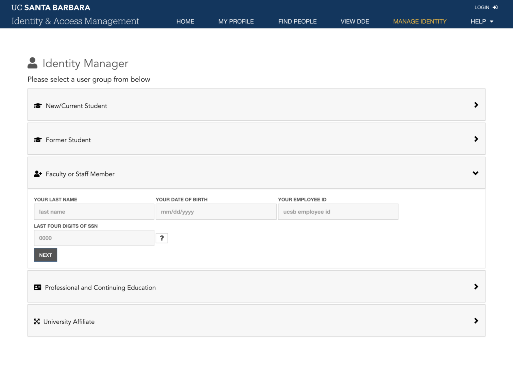 Screenshot of the UCSB Identity Manager form with the Faculty or Staff Member section expanded.